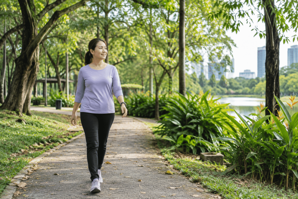 Wanita dewasa berjalan santai di taman yang hijau