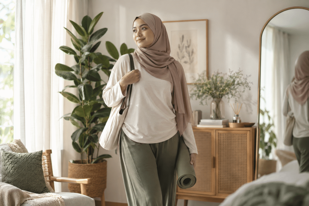 Wanita dewasa dalam suasana rumah yang cerah dengan postur santai dan tikar senaman.