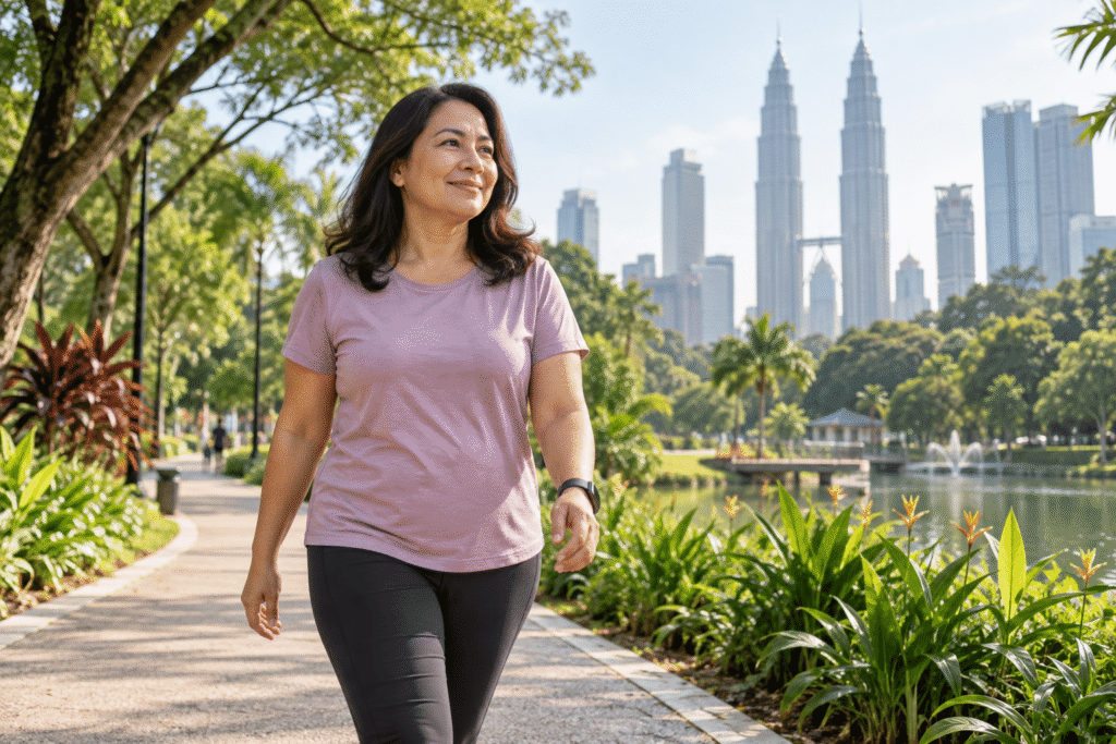 Wanita dewasa berjalan di taman bandar pada waktu pagi