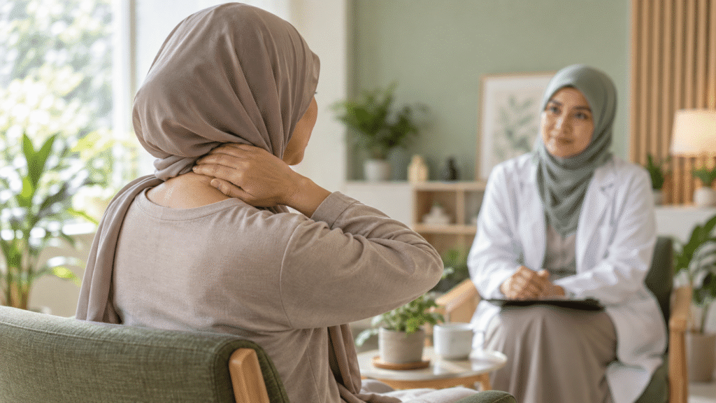 Wanita berbincang dengan profesional kesihatan tentang kesejahteraan leher dan bahu