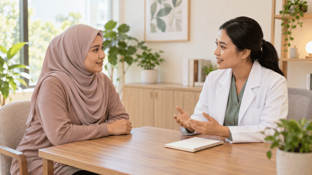 Wanita dewasa berbincang dengan profesional kesihatan dalam ruang konsultasi yang terang.