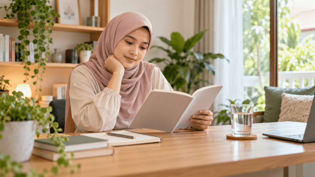 Wanita dewasa membaca bahan pendidikan kesejahteraan di meja yang terang.