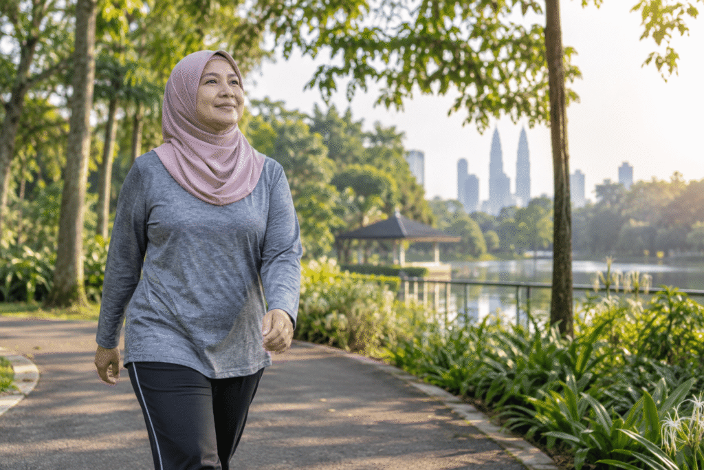 Wanita dewasa berjalan santai di taman pada waktu pagi sebagai gambaran gaya hidup aktif