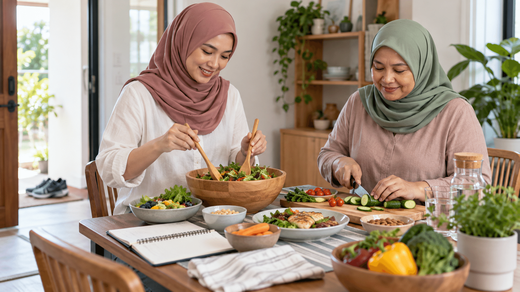 Dua wanita dewasa menyediakan hidangan seimbang bersama di rumah
