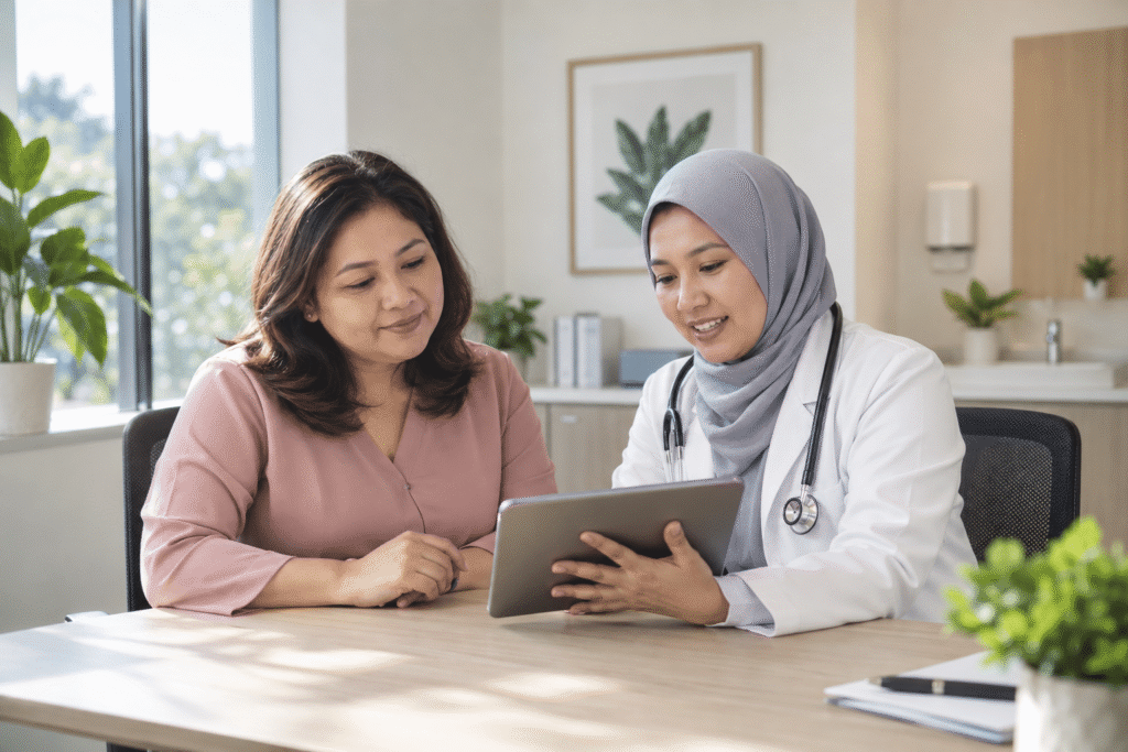 Seorang wanita berbincang dengan profesional kesihatan di ruang konsultasi