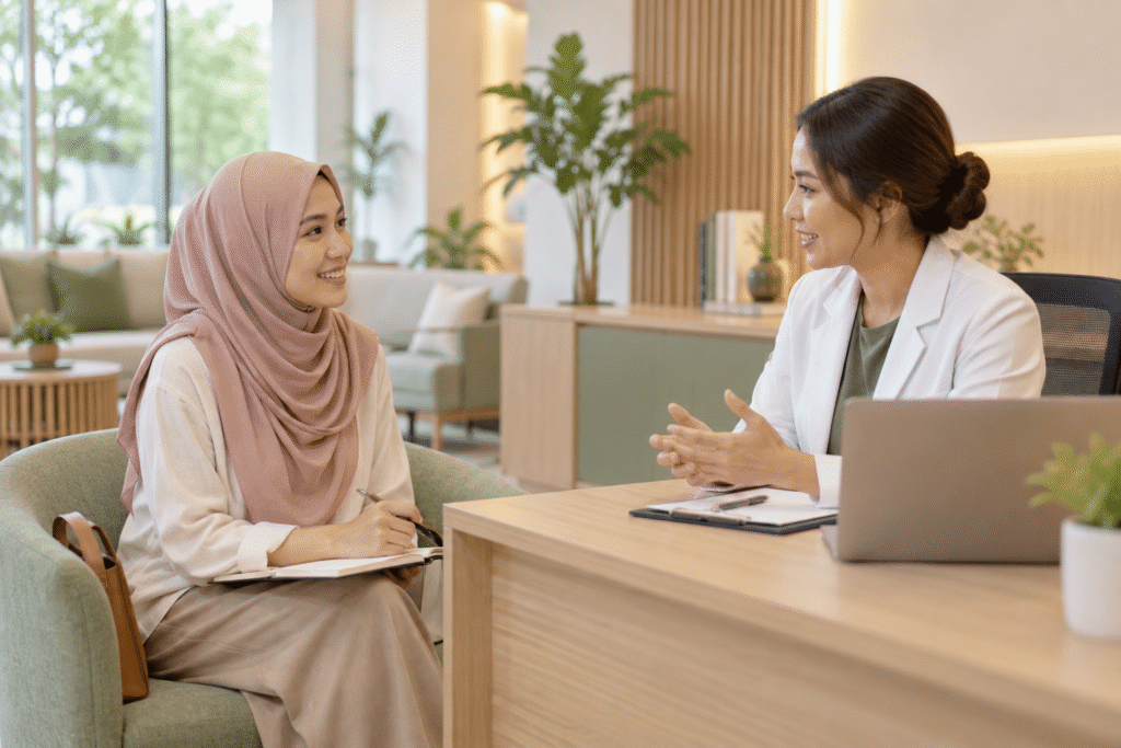 Wanita dewasa berbincang dengan tenang dalam ruang konsultasi yang cerah.