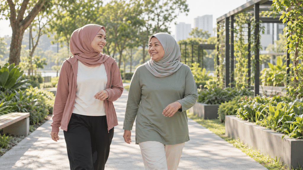 Dua wanita dewasa daripada generasi berbeza berjalan bersama di taman