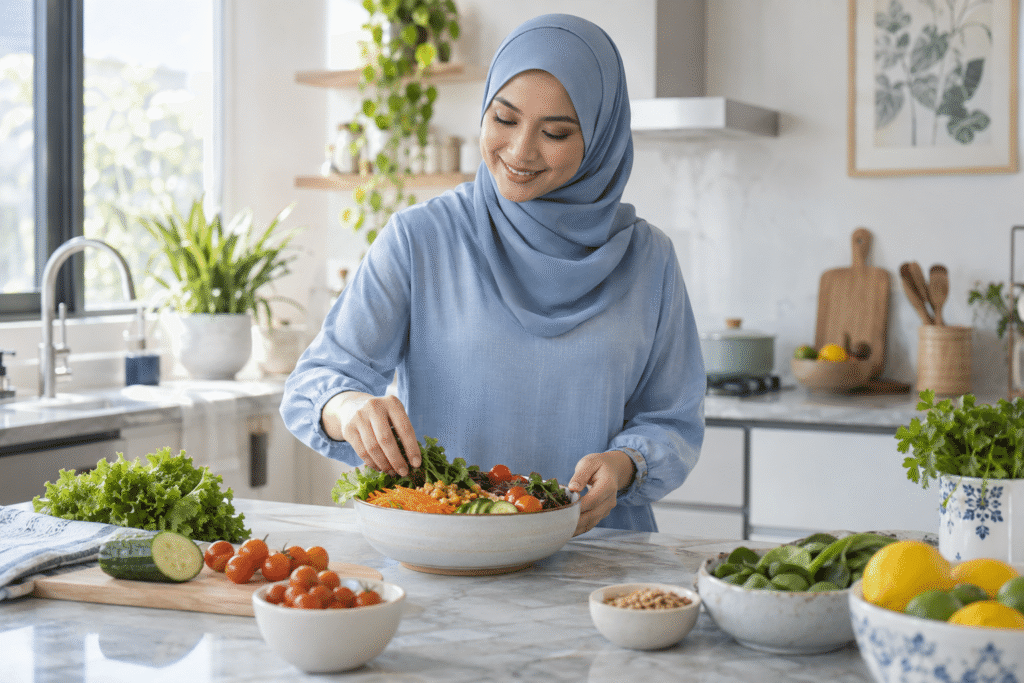 Wanita dewasa menyediakan mangkuk sayur berwarna-warni di dapur rumah yang cerah.