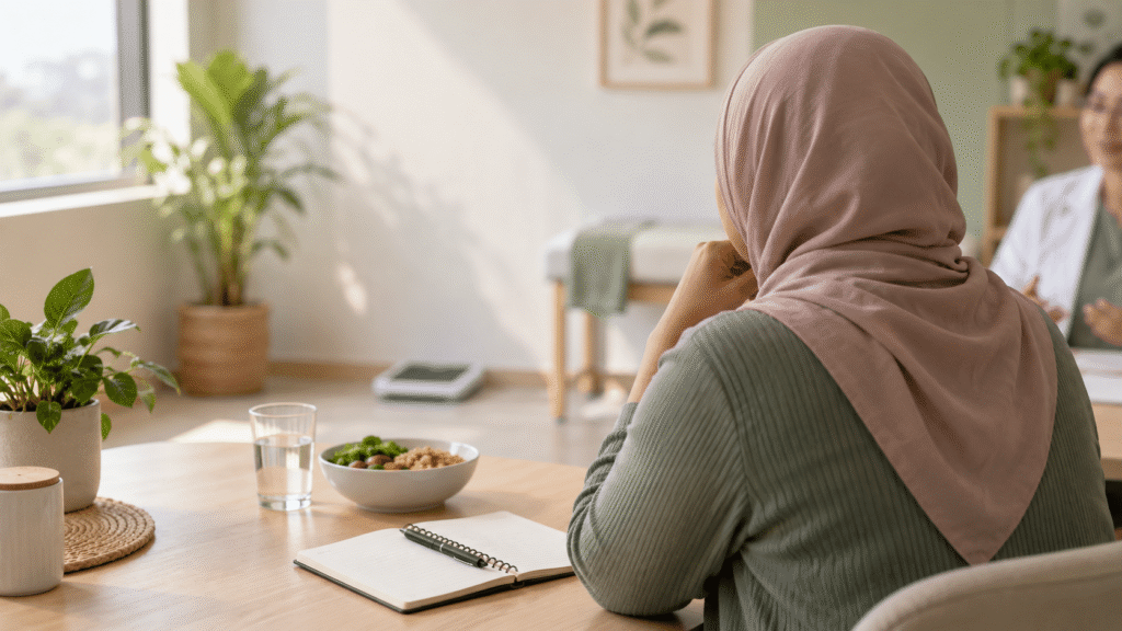 Wanita berbincang dengan profesional kesihatan tentang kesejahteraan metabolik dan pengurusan berat badan
