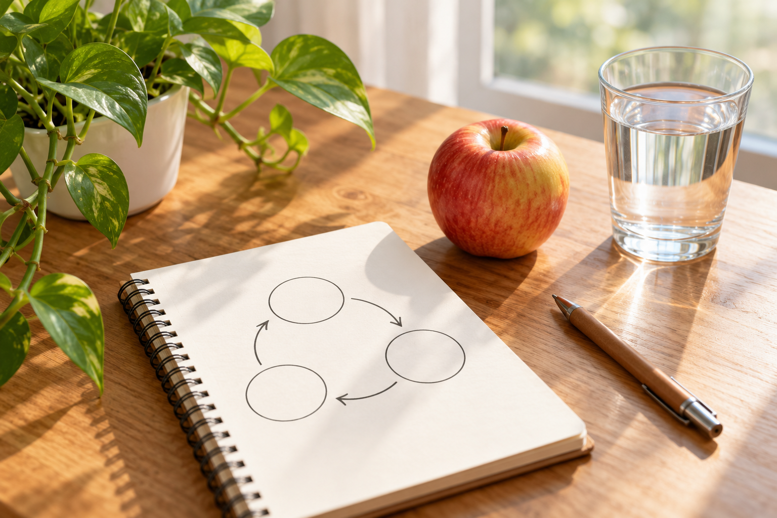 Buku nota dengan ilustrasi ringkas, air minuman dan buah di atas meja yang cerah.