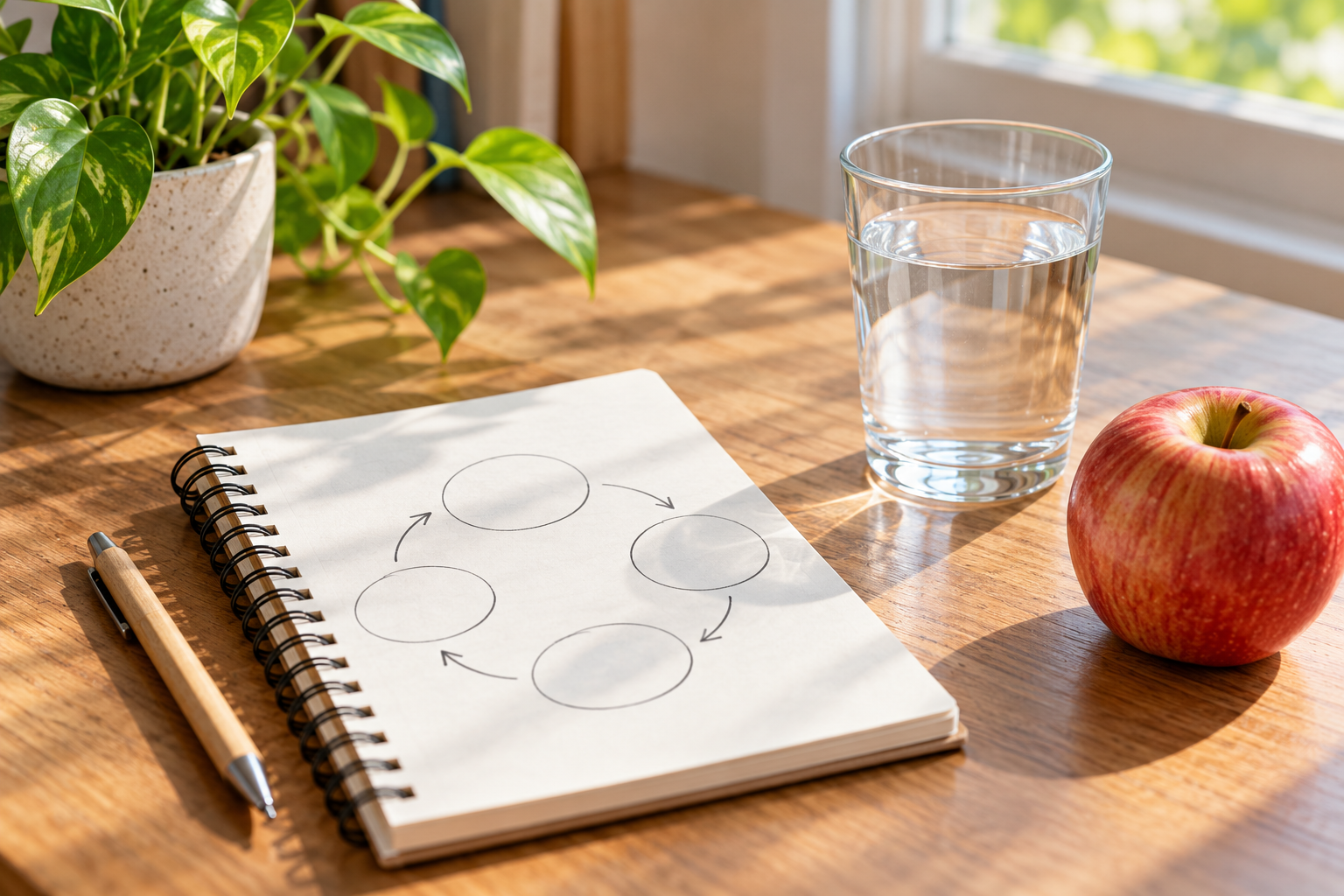 Buku nota dengan ilustrasi ringkas, air minuman dan buah di atas meja yang cerah.