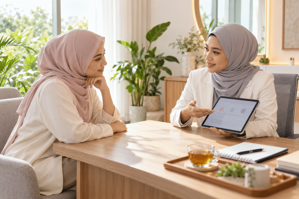 Dua wanita dewasa berbincang dengan tenang dalam ruang konsultasi yang cerah.