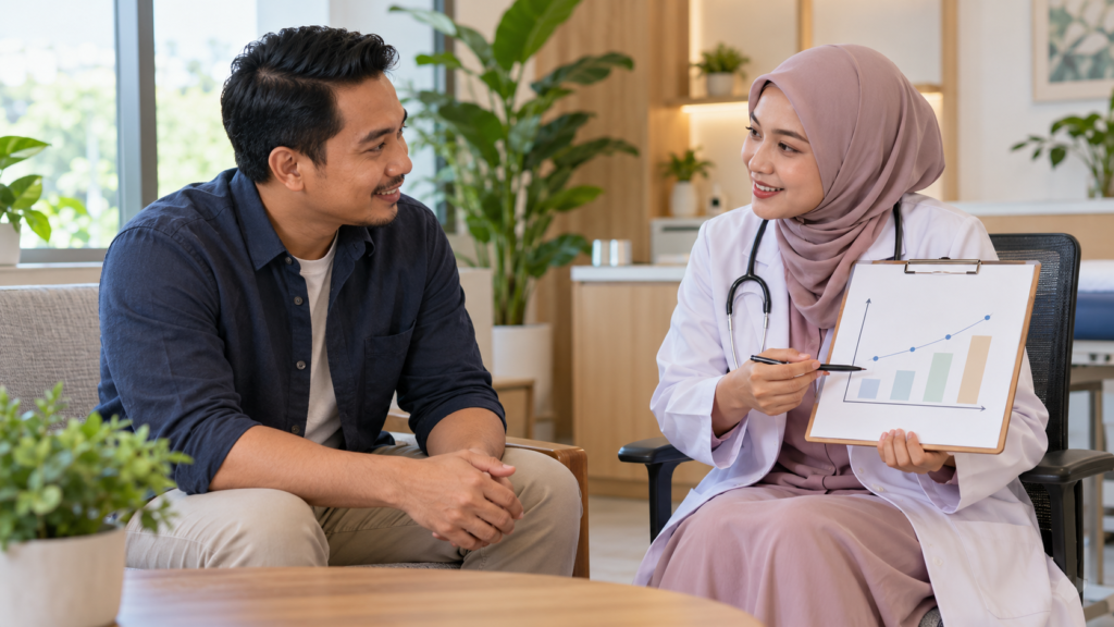 Lelaki dewasa berbincang dengan profesional kesihatan dalam sesi konsultasi.