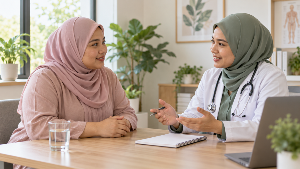 Wanita dewasa berbincang dengan profesional kesihatan tentang kesejahteraan metabolik.