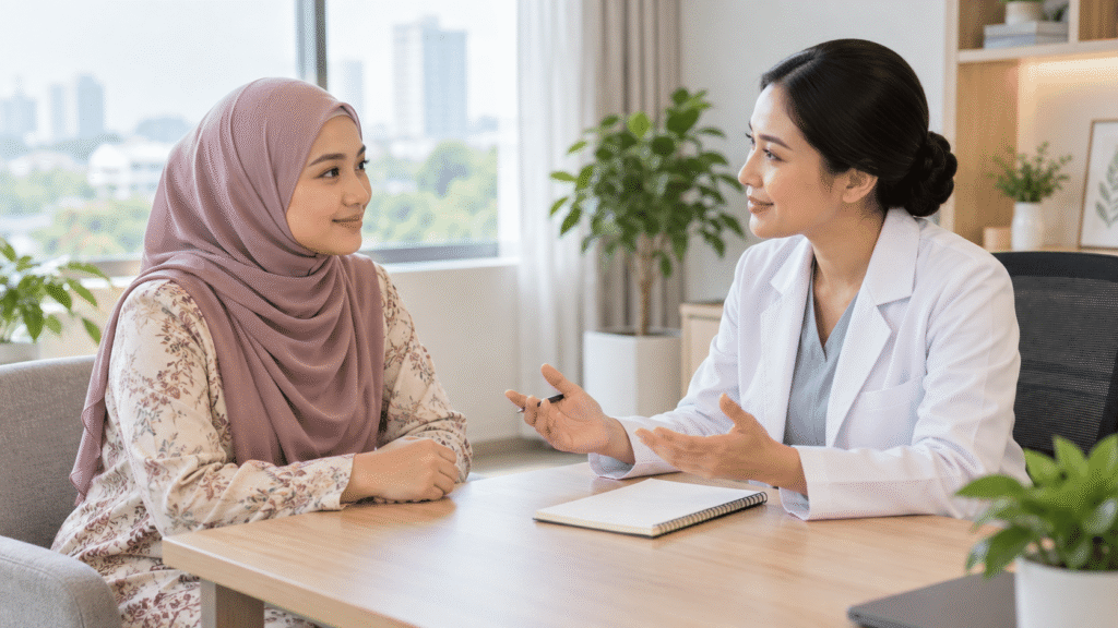 Wanita dewasa berbincang dengan profesional kesihatan dalam ruang konsultasi yang terang.