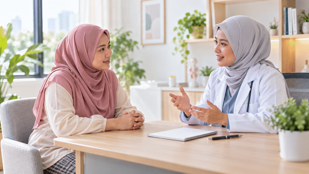 Wanita dewasa berbincang dengan profesional kesihatan dalam ruang konsultasi yang terang.