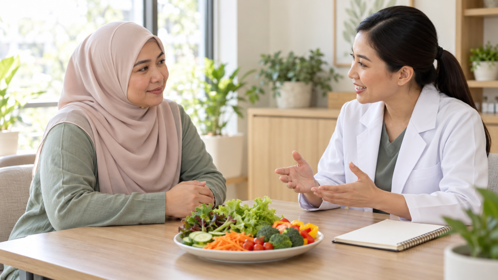 Wanita dewasa berbincang dengan profesional kesihatan tentang pemakanan seimbang.
