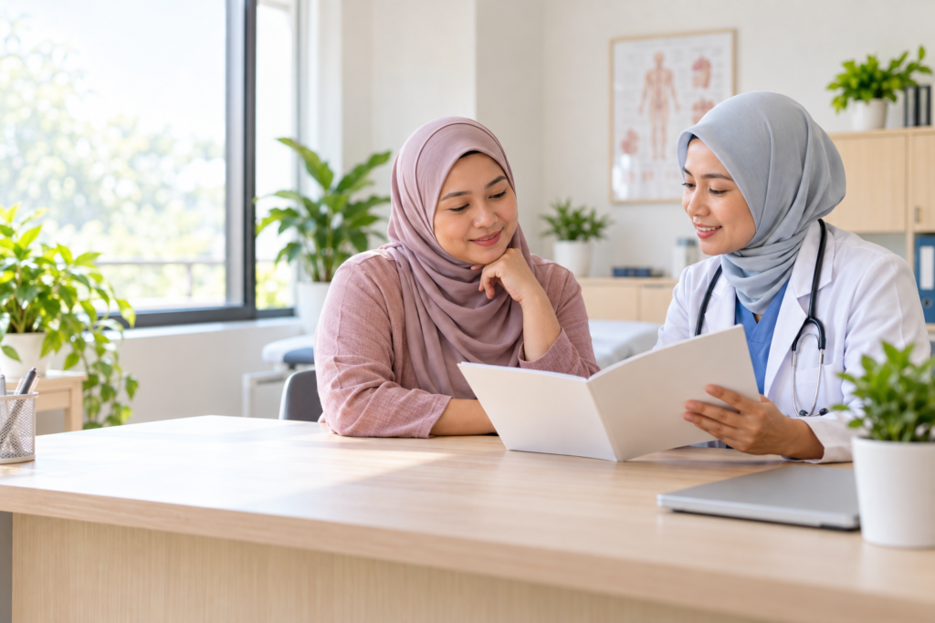 Wanita dewasa berbincang dengan profesional kesihatan sambil melihat bahan pendidikan.