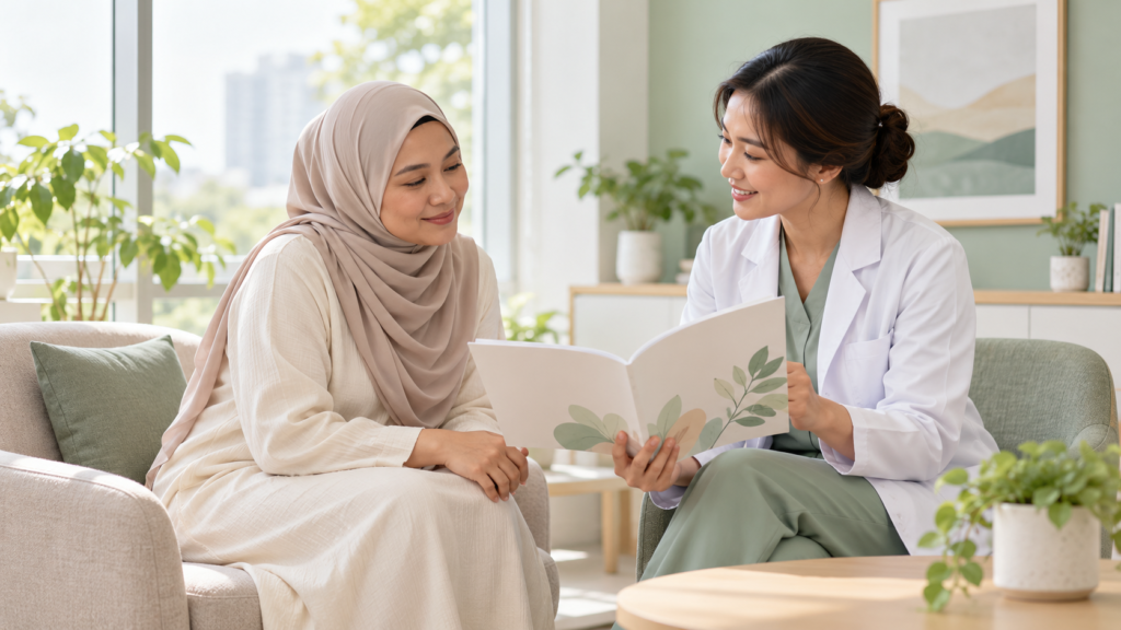 Wanita dewasa berbincang dengan profesional kesihatan sambil melihat bahan pendidikan.