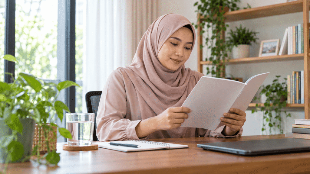 Wanita dewasa membaca bahan pendidikan kesihatan di meja yang terang.
