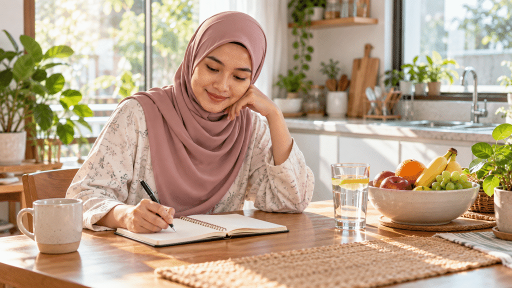 Wanita dewasa merancang rutin kesejahteraan di meja dapur.