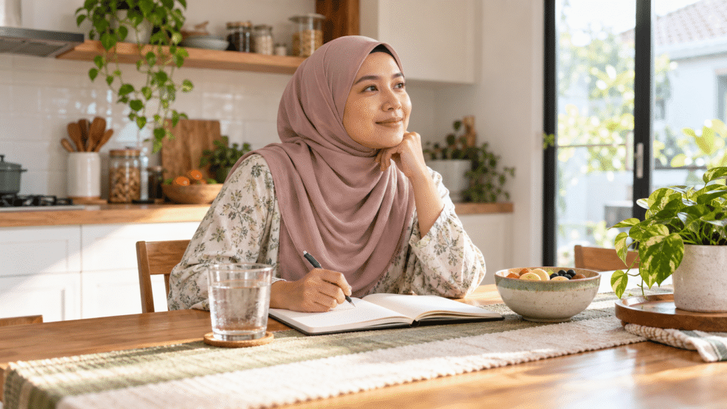 Wanita dewasa merancang rutin kesejahteraan di meja dapur.