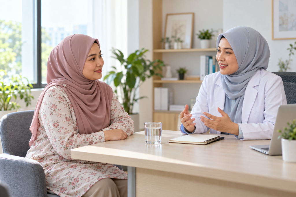 Wanita dewasa berbincang dengan profesional kesihatan dalam ruang konsultasi yang terang.