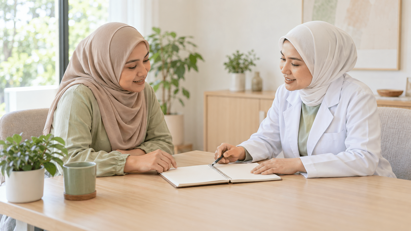Wanita dewasa berbincang dengan profesional kesihatan sambil menyemak buku nota.