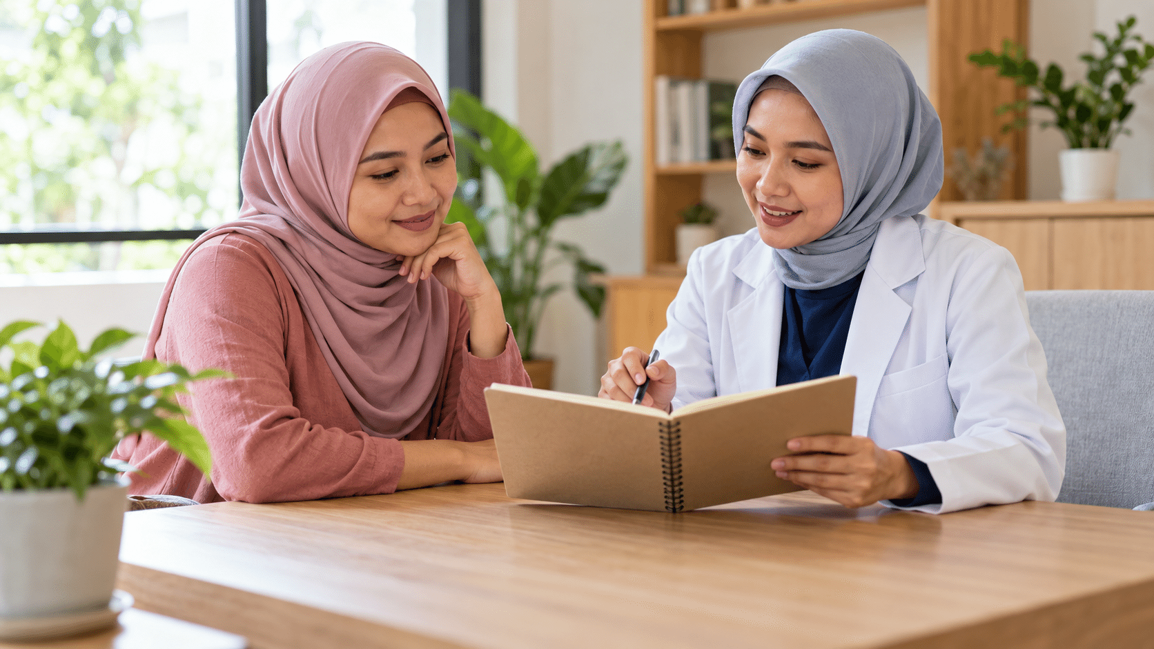 Wanita dewasa berbincang dengan profesional kesihatan sambil menyemak buku nota.