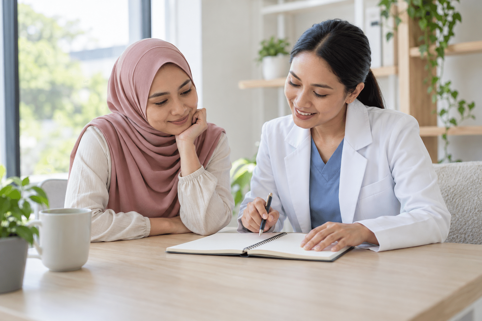 Wanita dewasa berbincang dengan profesional kesihatan sambil menyemak buku nota.