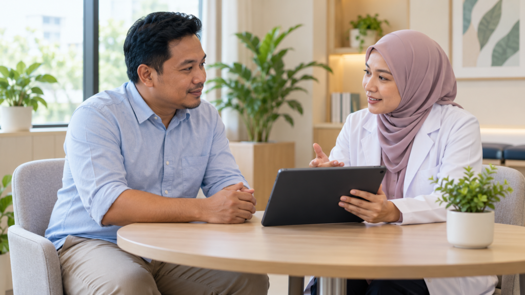 Lelaki dewasa berbincang dengan profesional kesihatan semasa sesi konsultasi.