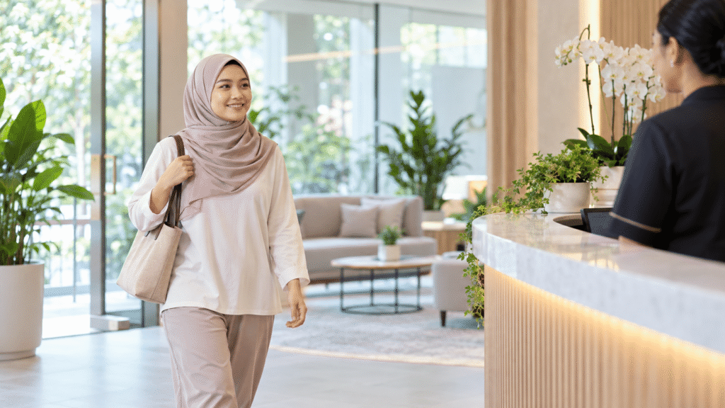 Wanita dewasa tiba dengan tenang di ruang sambutan konsultasi yang cerah.