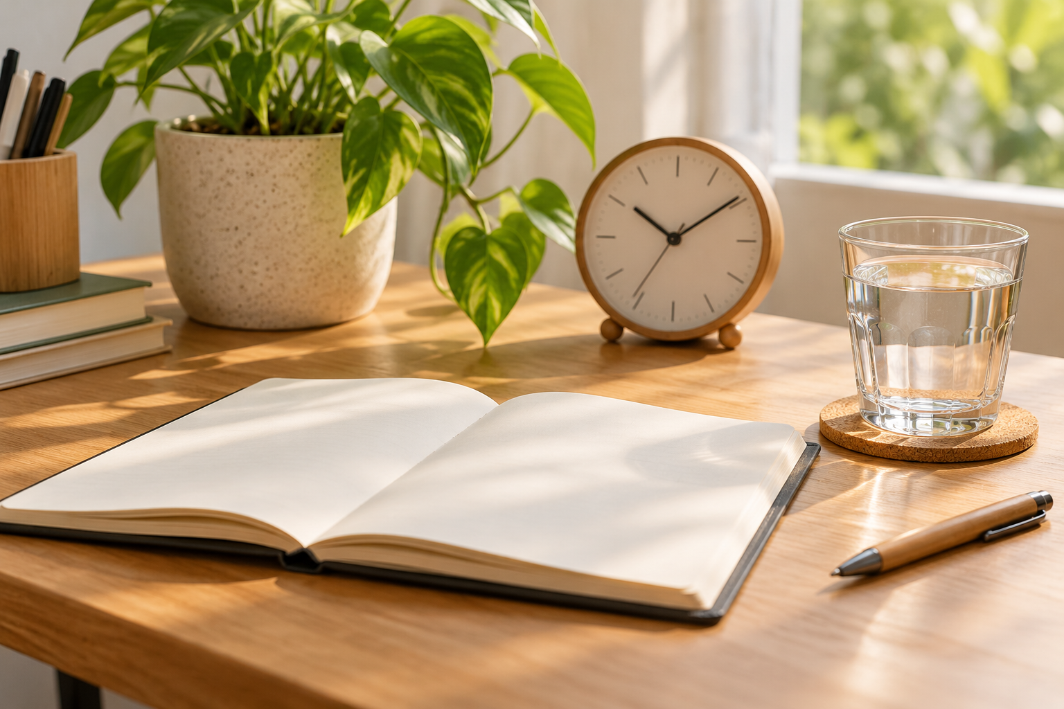 Buku nota kosong, jam analog, air minuman dan tumbuhan di atas meja yang cerah.