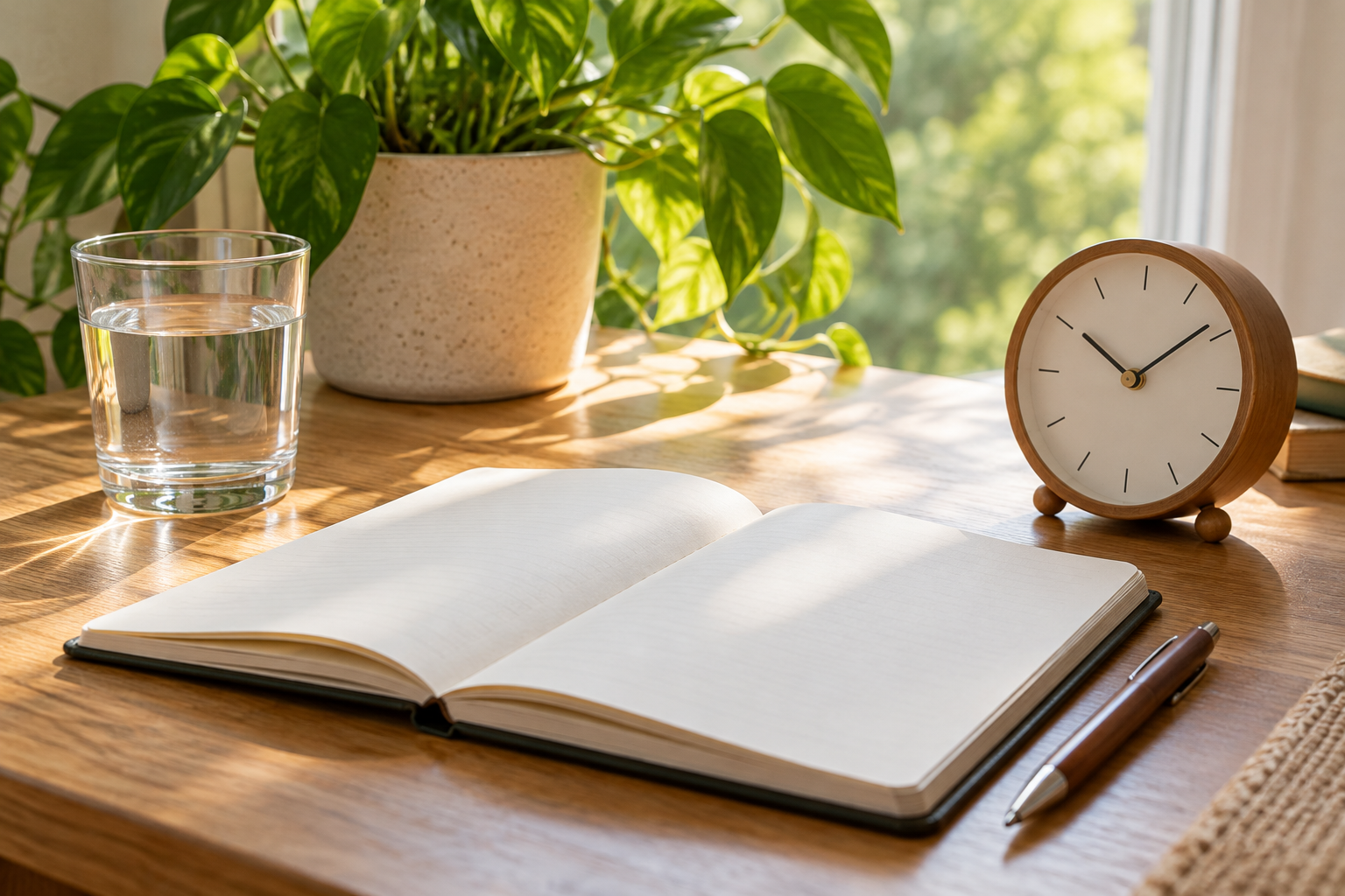 Buku nota kosong, jam analog, air minuman dan tumbuhan di atas meja yang cerah.