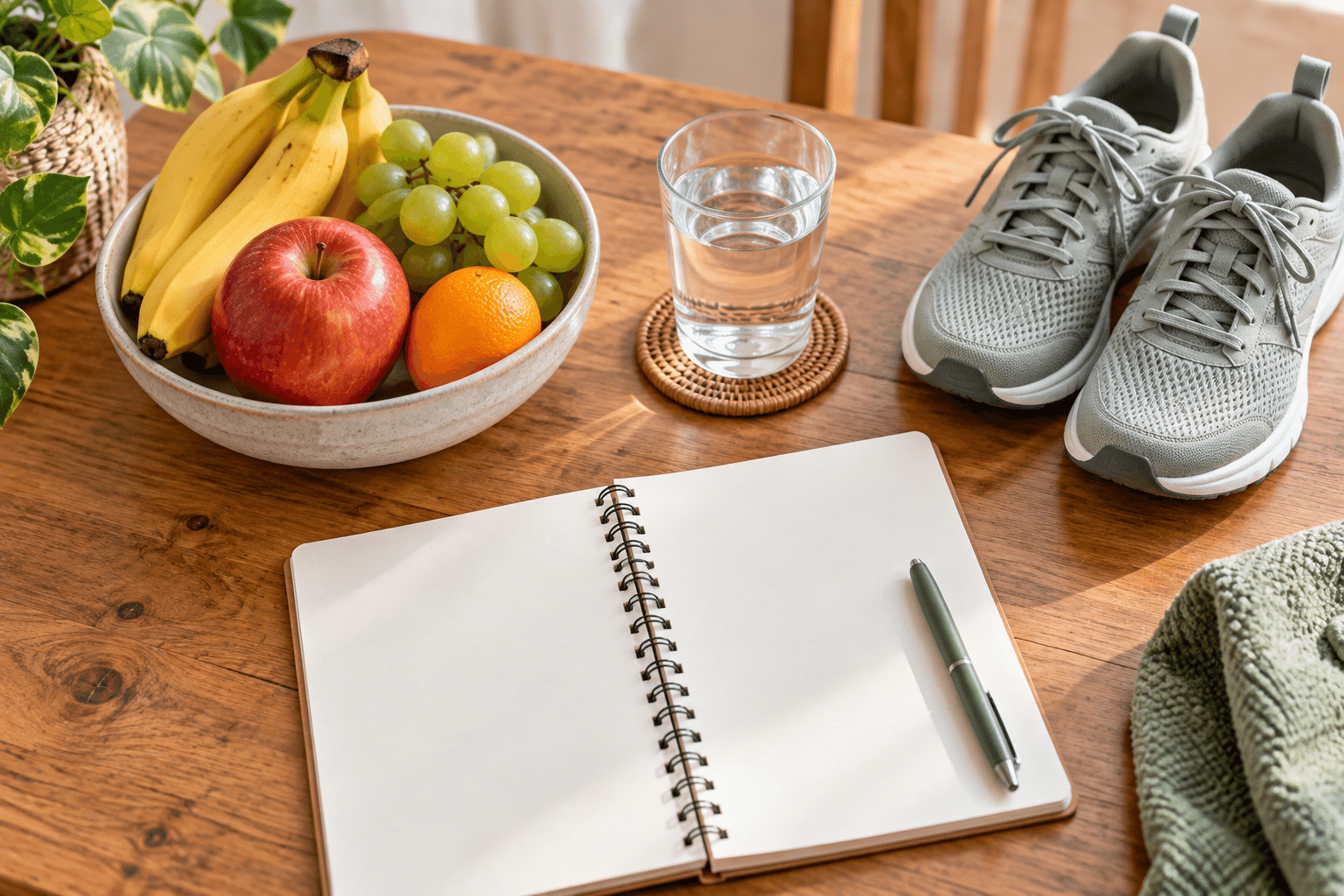 Air minuman, buah dan buku nota dalam suasana rumah yang tenang.