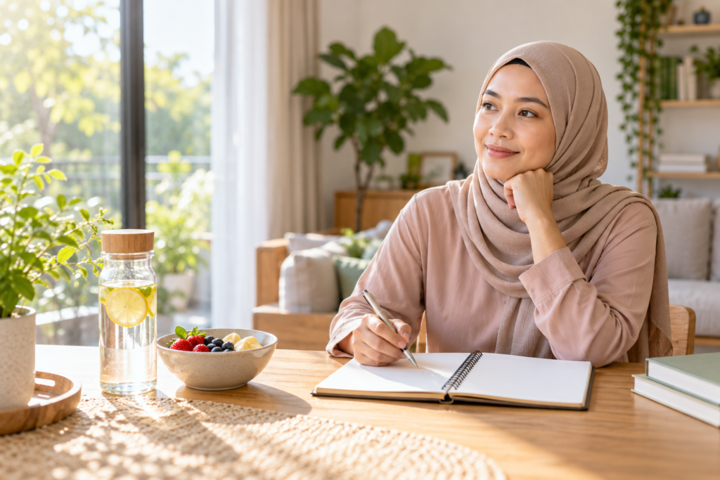 Wanita dewasa menyemak buku nota di meja yang terang bersama air dan buah.