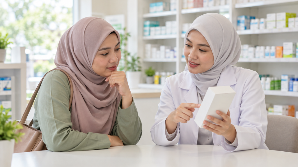 Wanita mendapatkan penerangan ahli farmasi tentang keselamatan produk tanpa jenama.